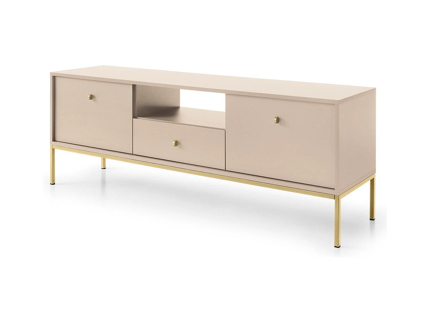 Meuble TV 2 portes, 1 tiroir avec pieds en métal doré, 154x56 cm
