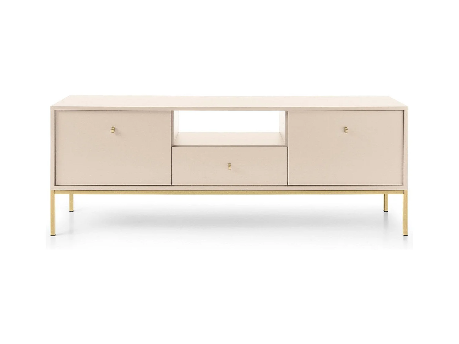 Meuble TV 2 portes, 1 tiroir avec pieds en métal doré, 154x56 cm