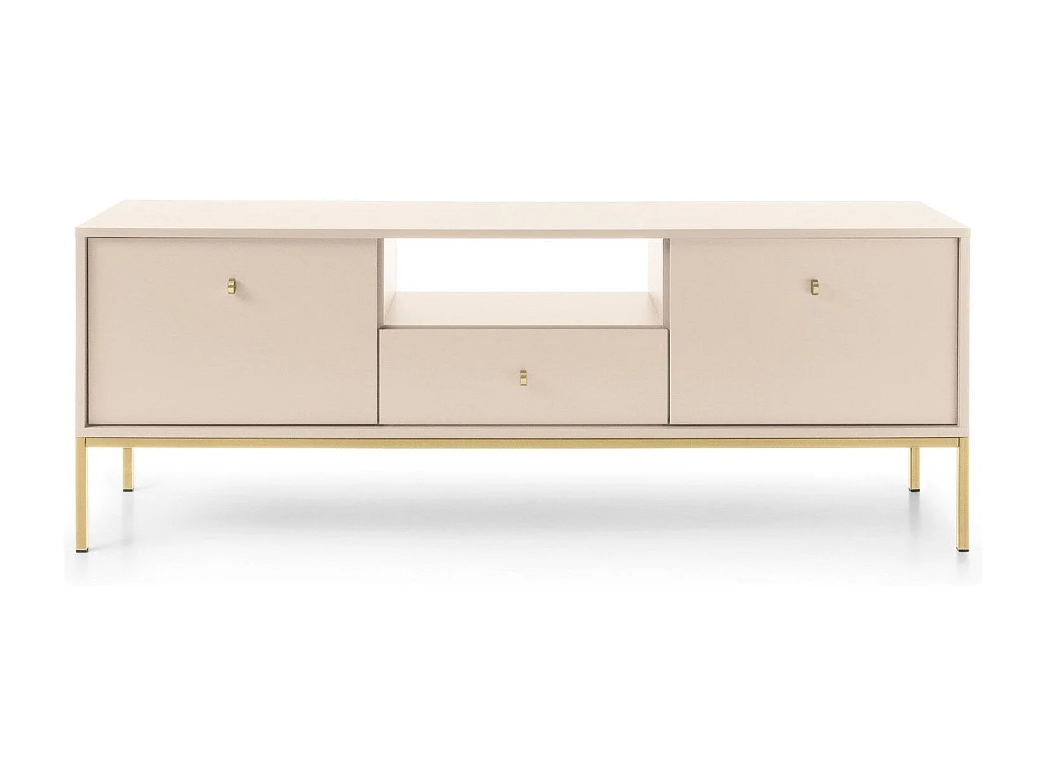 Meuble TV 2 portes, 1 tiroir avec pieds en métal doré, 154x56 cm