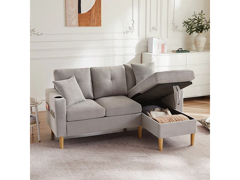 Divano a L con chaise longue, contenitore, portabicchieri e 2 cuscini. Ideale per soggiorno, ufficio o appartamento. Video incluso.