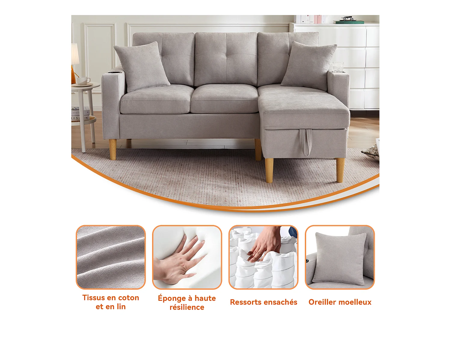 Divano a L con chaise longue, contenitore, portabicchieri e 2 cuscini. Ideale per soggiorno, ufficio o appartamento. Video incluso.