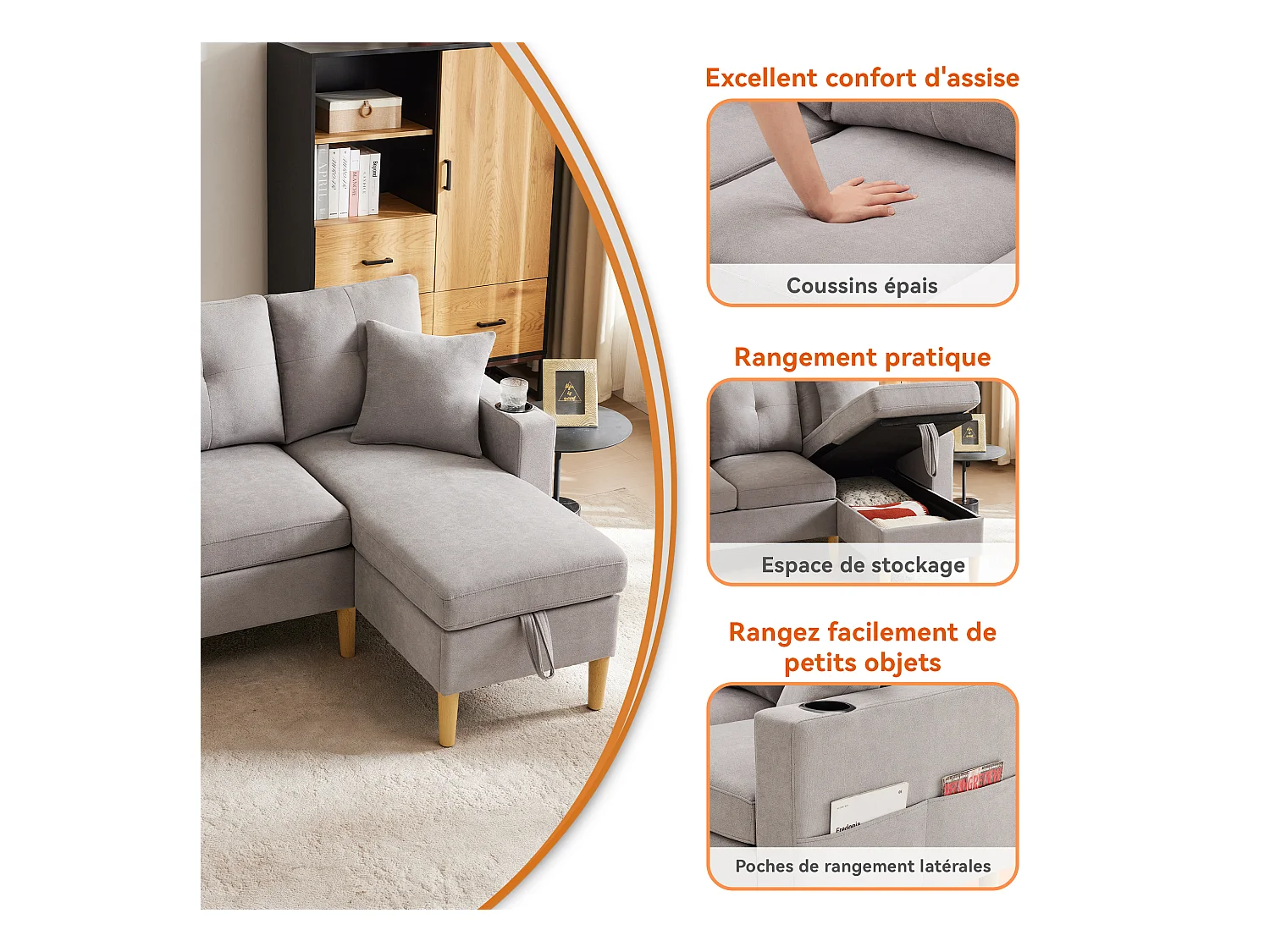 Divano a L con chaise longue, contenitore, portabicchieri e 2 cuscini. Ideale per soggiorno, ufficio o appartamento. Video incluso.