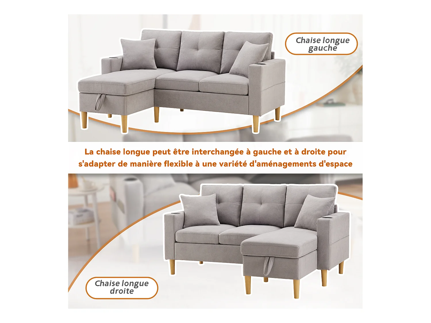 Divano a L con chaise longue, contenitore, portabicchieri e 2 cuscini. Ideale per soggiorno, ufficio o appartamento. Video incluso.