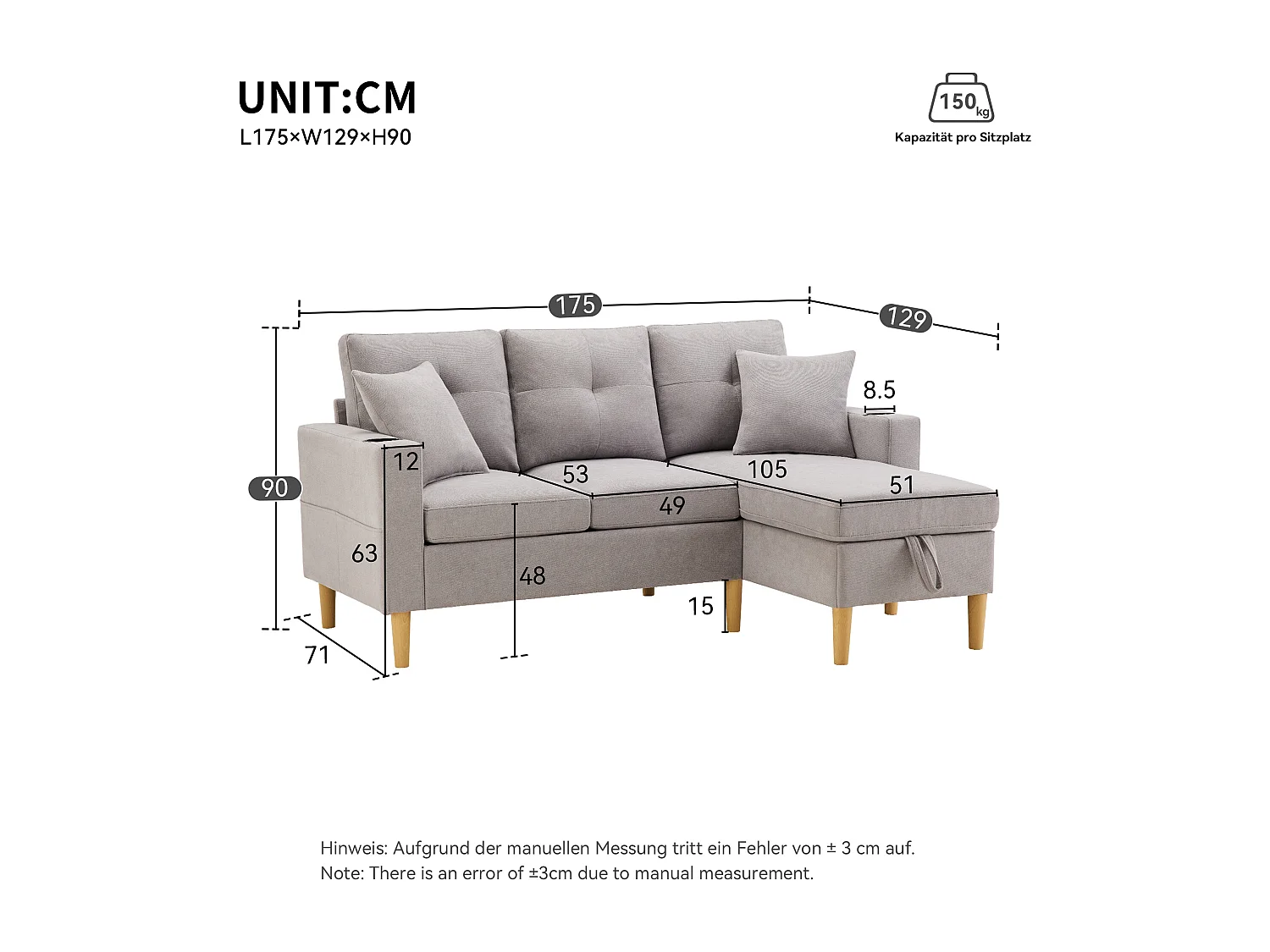 Sofá em L com chaise longue, compartimento para arrumação, suporte para copos e 2 almofadas. Ideal para sala de estar, escritório ou apartamento. Inclui vídeo.