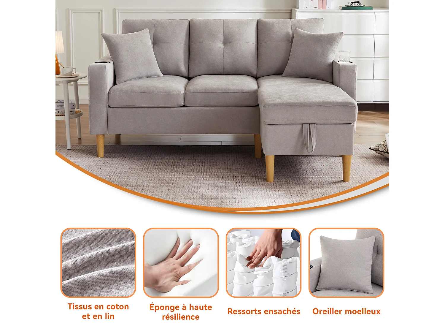 Canapé en L avec méridienne, rangement, porte-gobelet et 2 coussins. Idéal pour salon, bureau ou appartement. Inclut vidéo.