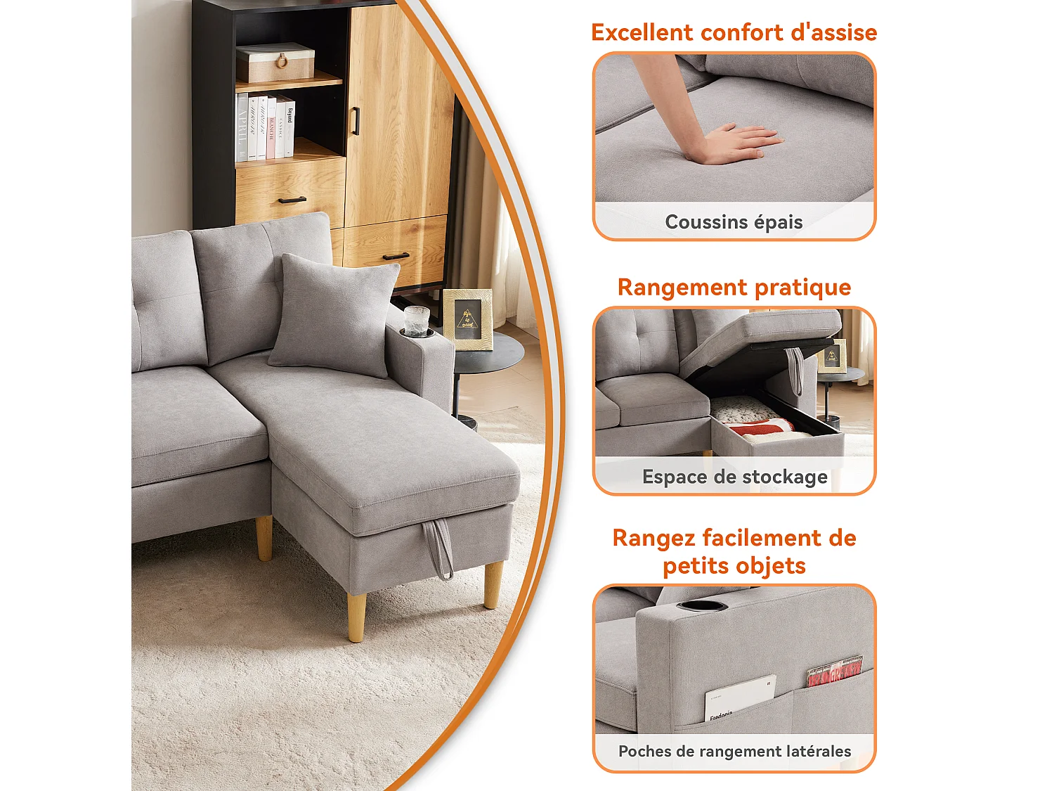 Canapé en L avec méridienne, rangement, porte-gobelet et 2 coussins. Idéal pour salon, bureau ou appartement. Inclut vidéo.