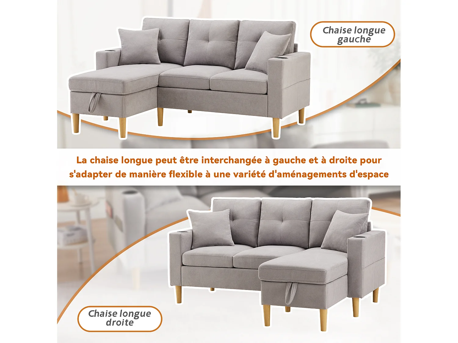 Canapé en L avec méridienne, rangement, porte-gobelet et 2 coussins. Idéal pour salon, bureau ou appartement. Inclut vidéo.