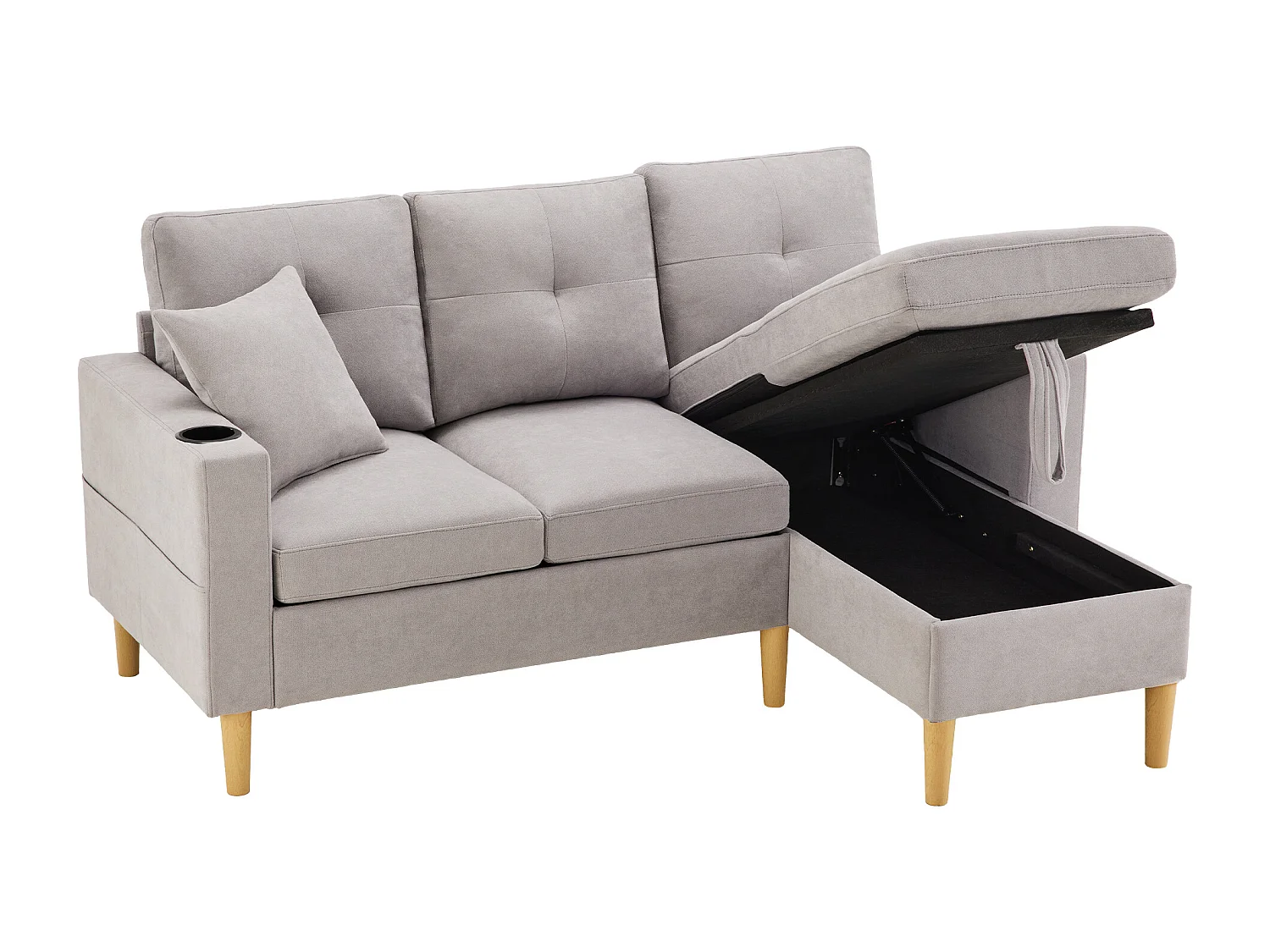 Canapé en L avec méridienne, rangement, porte-gobelet et 2 coussins. Idéal pour salon, bureau ou appartement. Inclut vidéo.