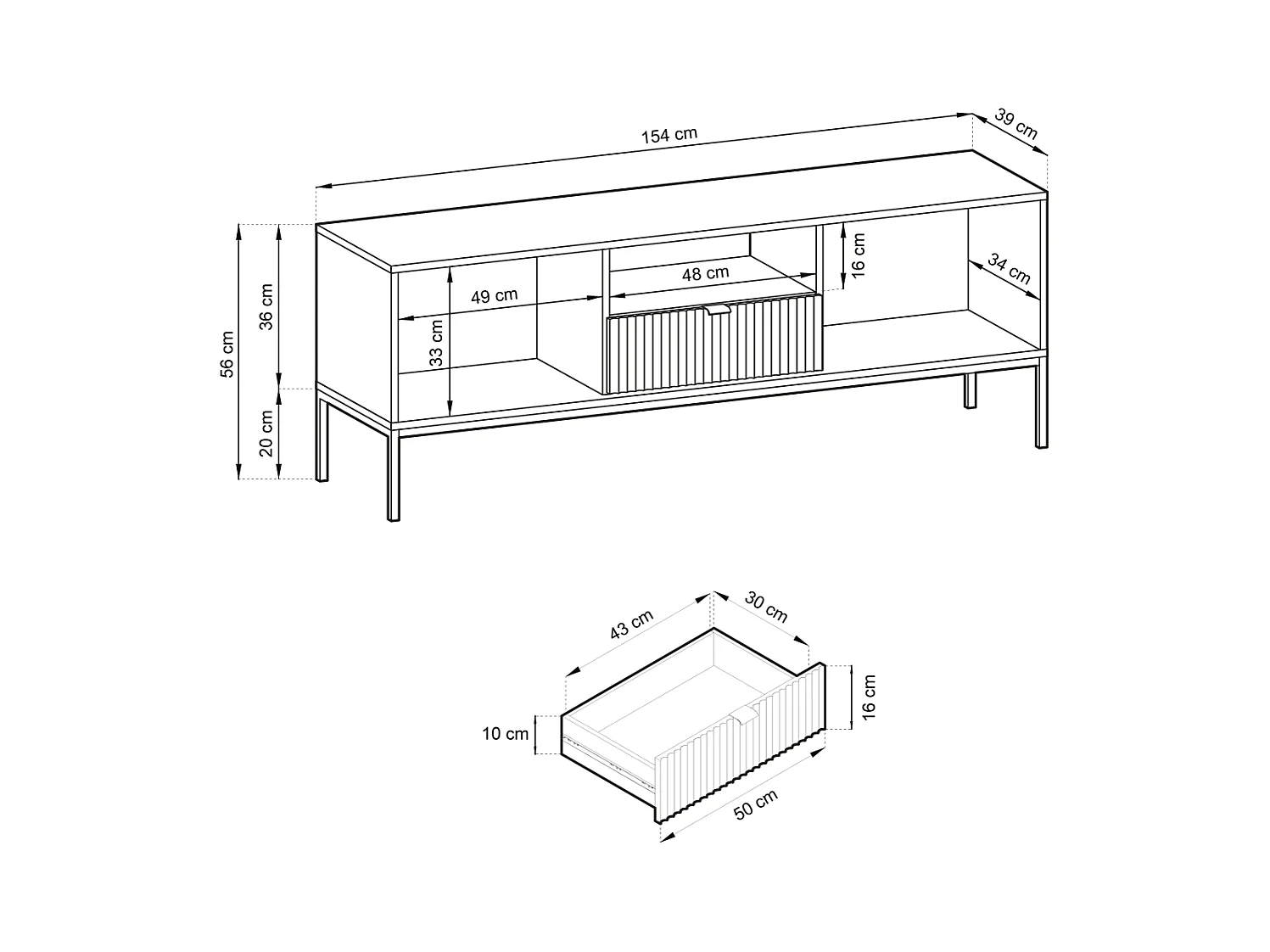 Meuble TV 2 portes, 1 tiroir avec pieds en métal doré, 154x56 cm