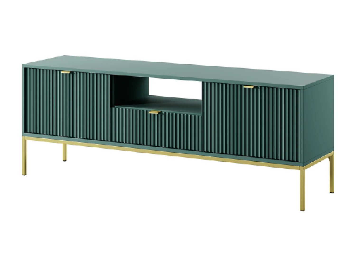 Suporte de TV 2 portas e 1 gaveta com pés de metal dourado, 154x56 cm