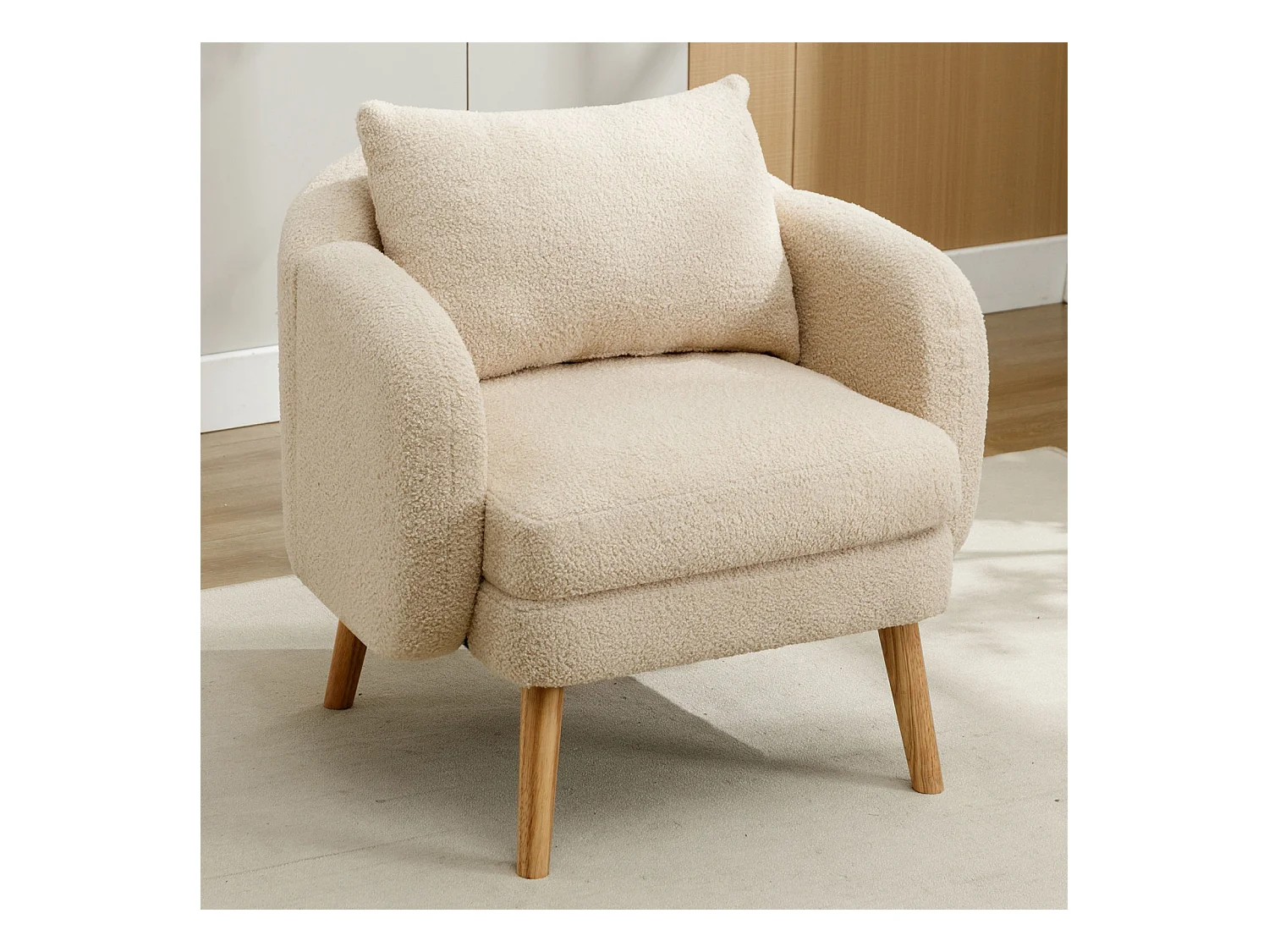 Fauteuil moderne en velours Teddy avec coussin, rembourrage extra épais, fauteuil simple avec pieds en bois massif, fauteuil de loisirs confortable pour le salon