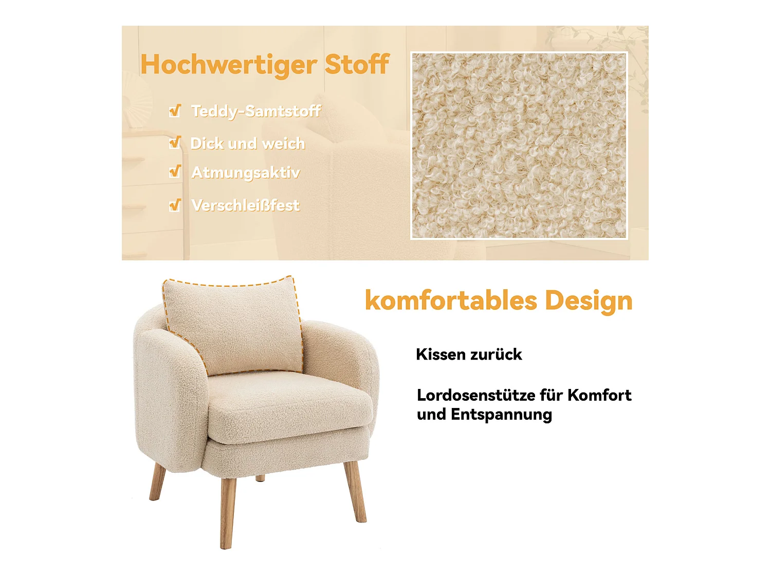 Fauteuil moderne en velours Teddy avec coussin, rembourrage extra épais, fauteuil simple avec pieds en bois massif, fauteuil de loisirs confortable pour le salon