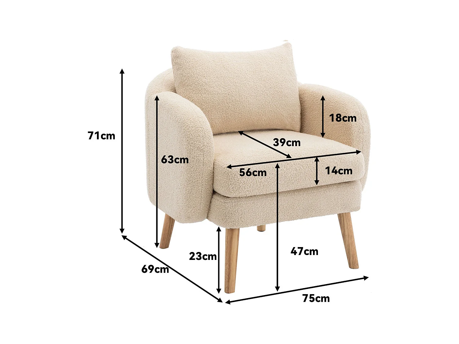 Fauteuil moderne en velours Teddy avec coussin, rembourrage extra épais, fauteuil simple avec pieds en bois massif, fauteuil de loisirs confortable pour le salon