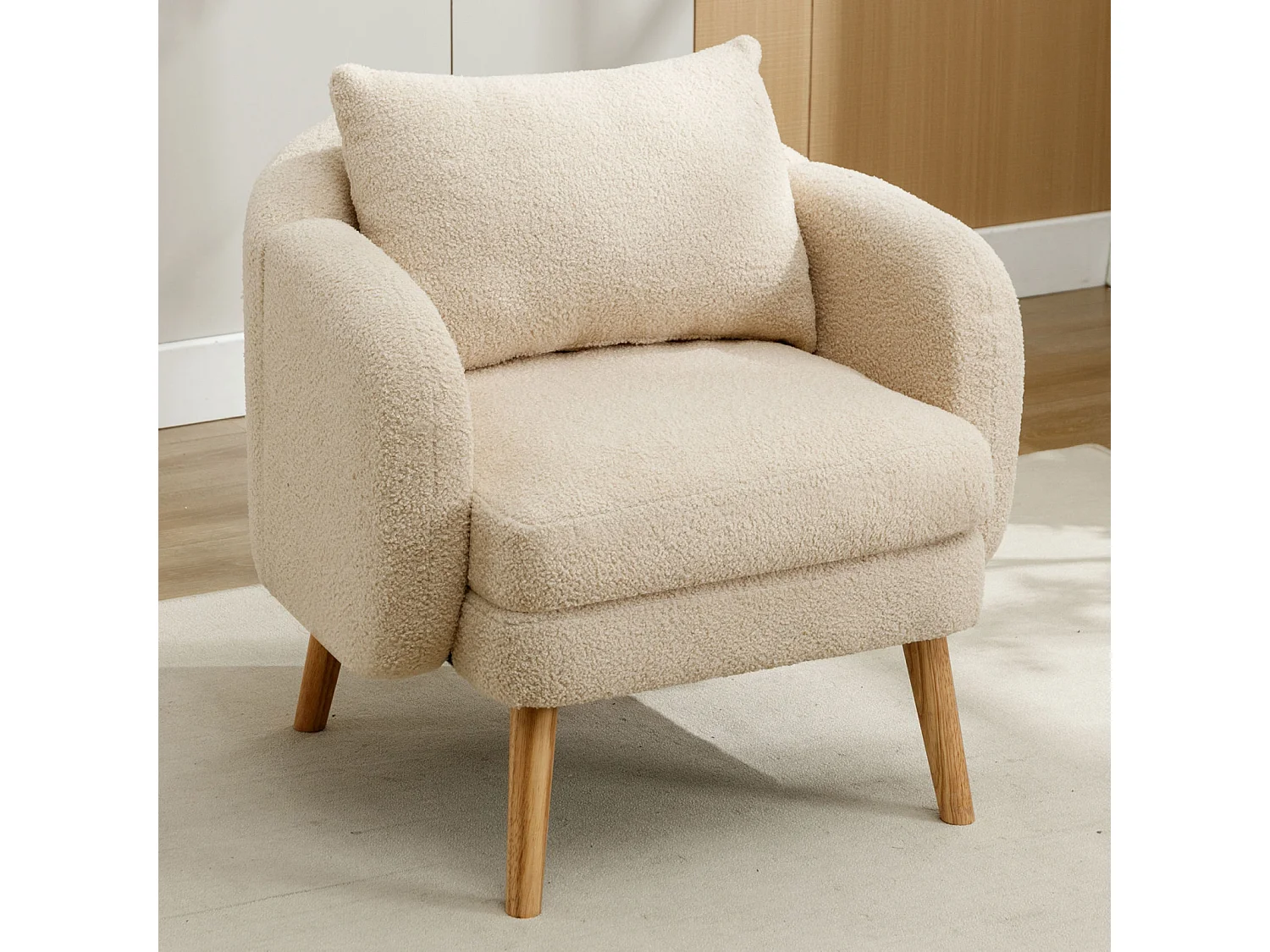 Fauteuil moderne en velours Teddy avec coussin, rembourrage extra épais, fauteuil simple avec pieds en bois massif, fauteuil de loisirs confortable pour le salon