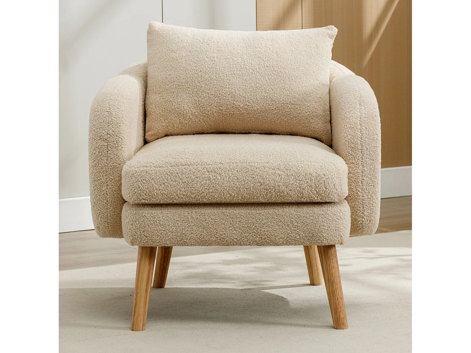 Fauteuil moderne en velours Teddy avec coussin, rembourrage extra épais, fauteuil simple avec pieds en bois massif, fauteuil de loisirs confortable pour le salon