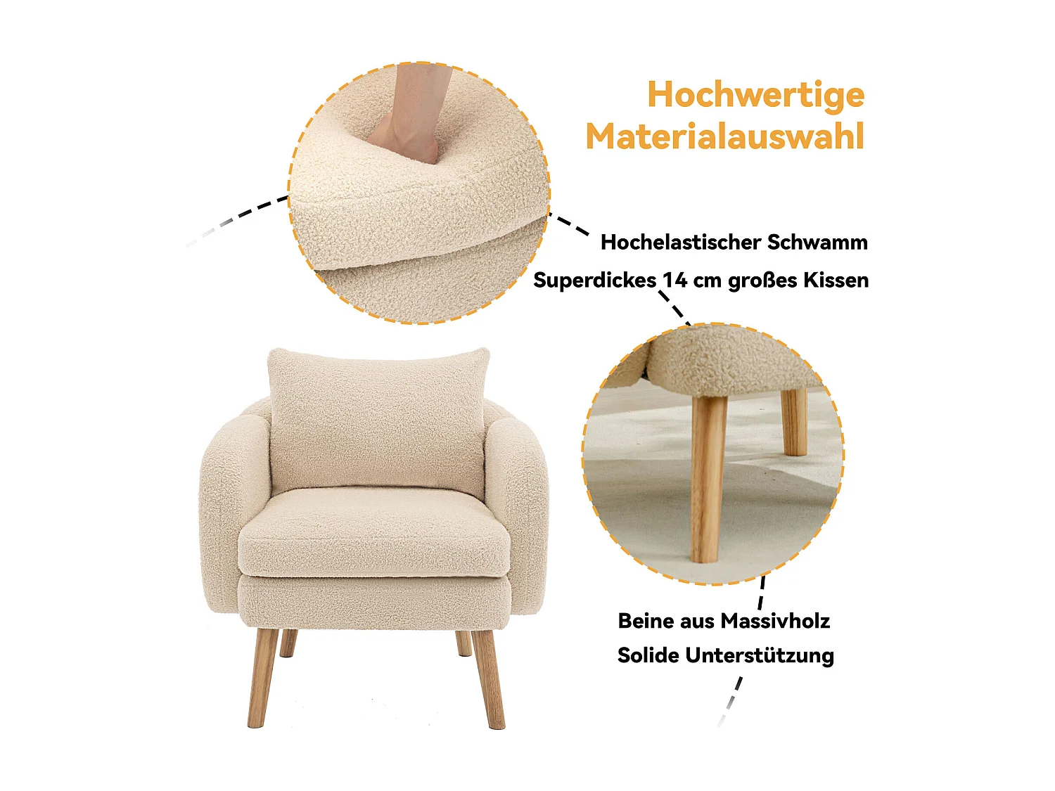 Fauteuil moderne en velours Teddy avec coussin, rembourrage extra épais, fauteuil simple avec pieds en bois massif, fauteuil de loisirs confortable pour le salon