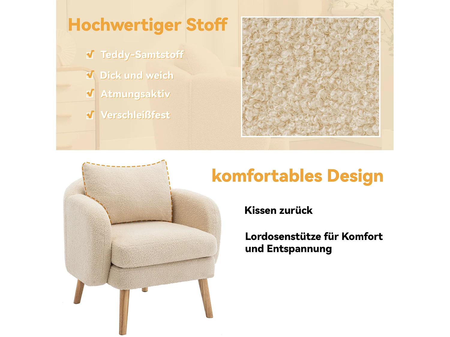 Fauteuil moderne en velours Teddy avec coussin, rembourrage extra épais, fauteuil simple avec pieds en bois massif, fauteuil de loisirs confortable pour le salon