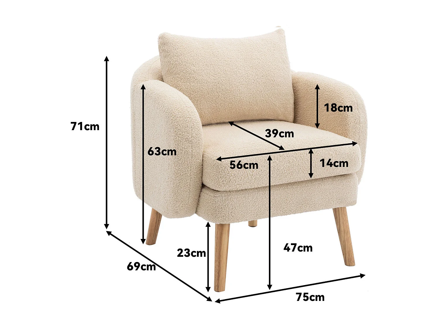 Fauteuil moderne en velours Teddy avec coussin, rembourrage extra épais, fauteuil simple avec pieds en bois massif, fauteuil de loisirs confortable pour le salon