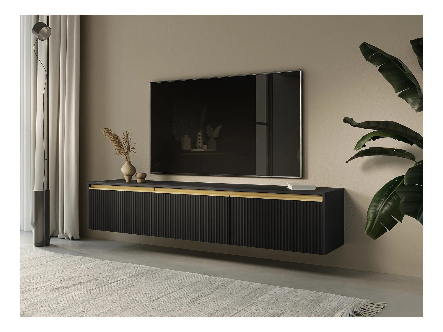 Meuble TV 3 portes en bois stratifié noir 180x42 cm