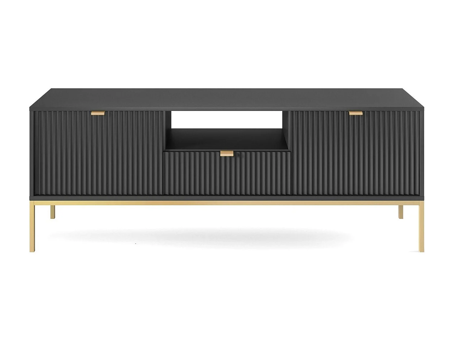 Meuble TV 2 portes, 1 tiroir avec pieds en métal doré, 154x56 cm