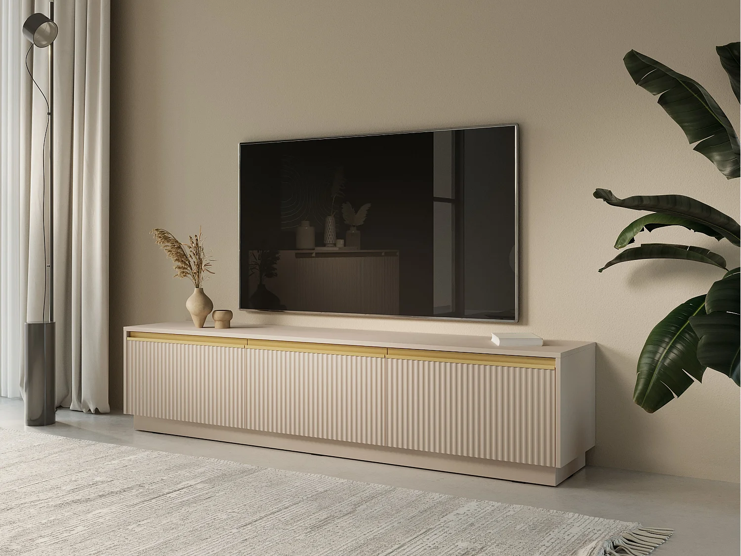 Meuble TV 3 portes en bois stratifié beige 180x42 cm