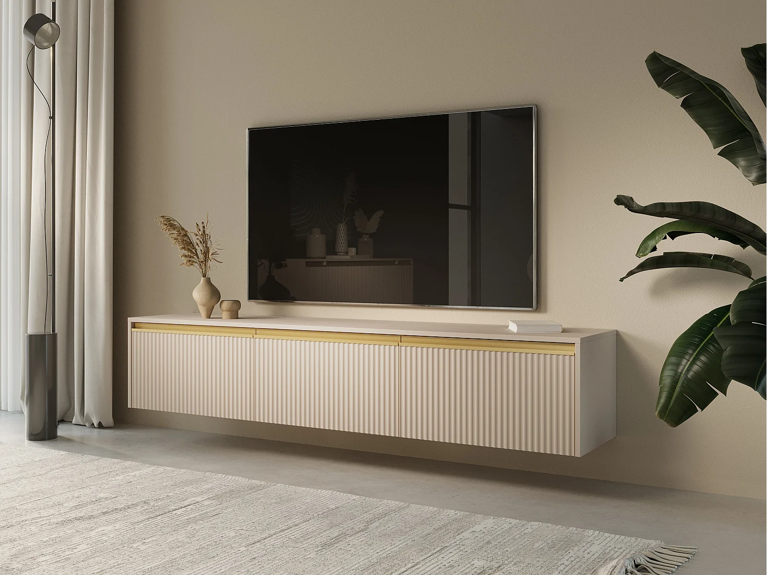 Meuble TV 3 portes en bois stratifié beige 180x42 cm