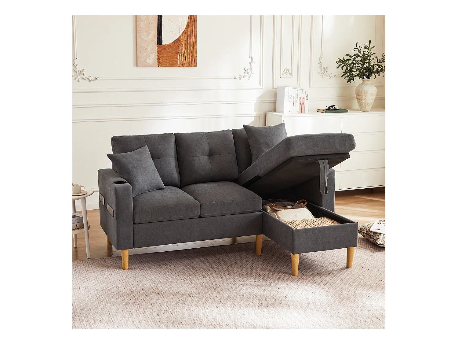 Canapé en L avec méridienne et rangement. 3 places avec porte-gobelet intégré et 2 coussins. Idéal pour le salon, le bureau ou l'appartement. Avec vidéo.