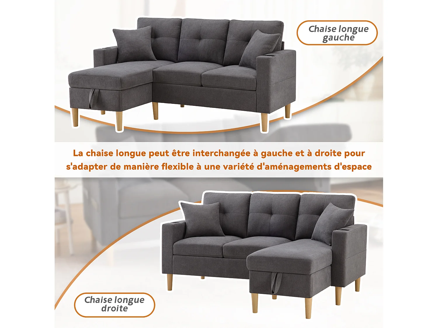 Sofá em L 3 lugares com chaise, arrumação, suporte para copos e 2 almofadas. Ideal para sala, escritório ou apartamento. Inclui vídeo.