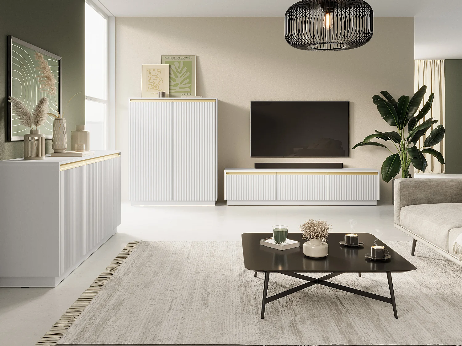 Meuble TV 3 deuren in hout gelaagd wit 180x42 cm