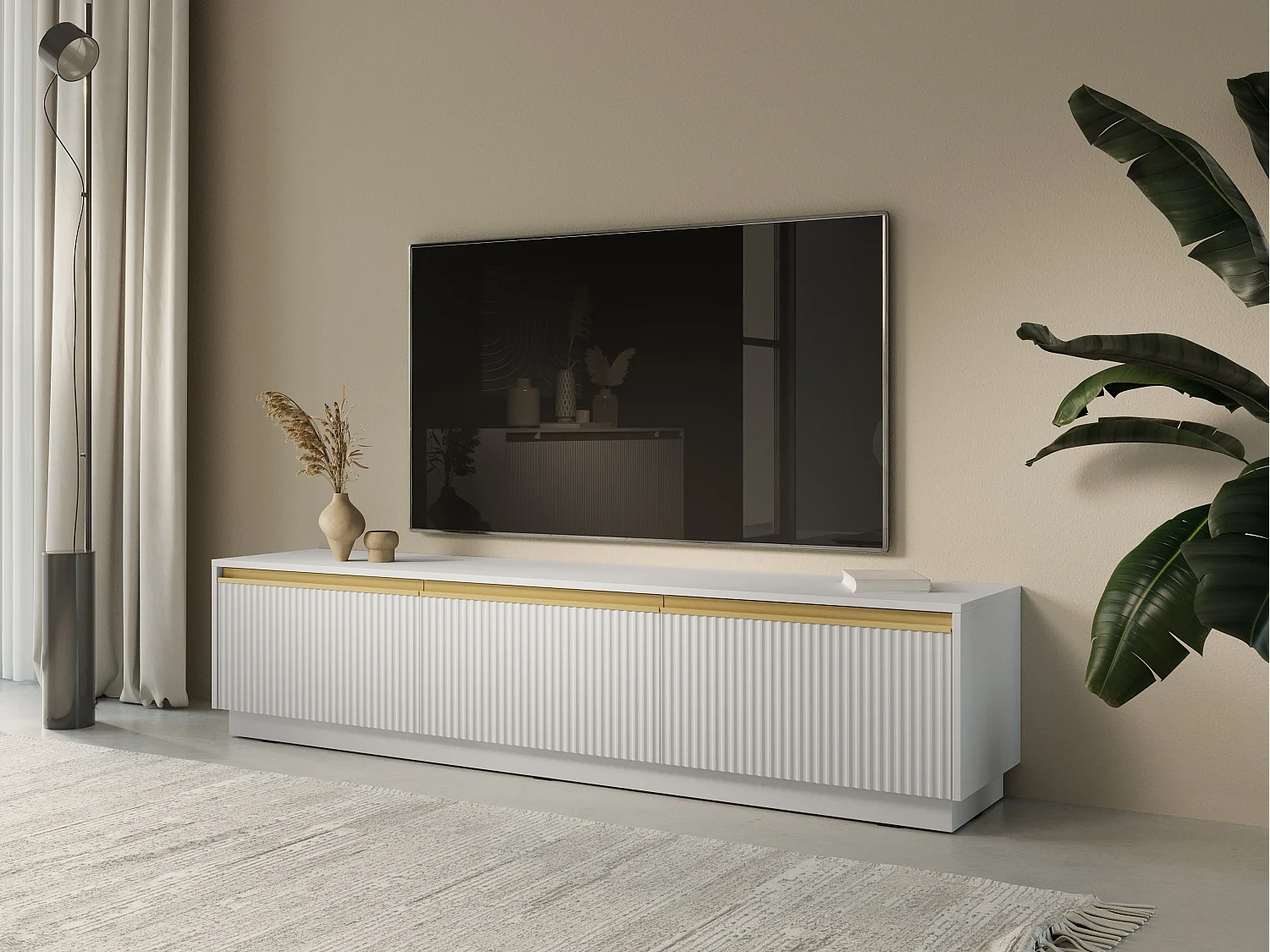 Meuble TV 3 deuren in hout gelaagd wit 180x42 cm