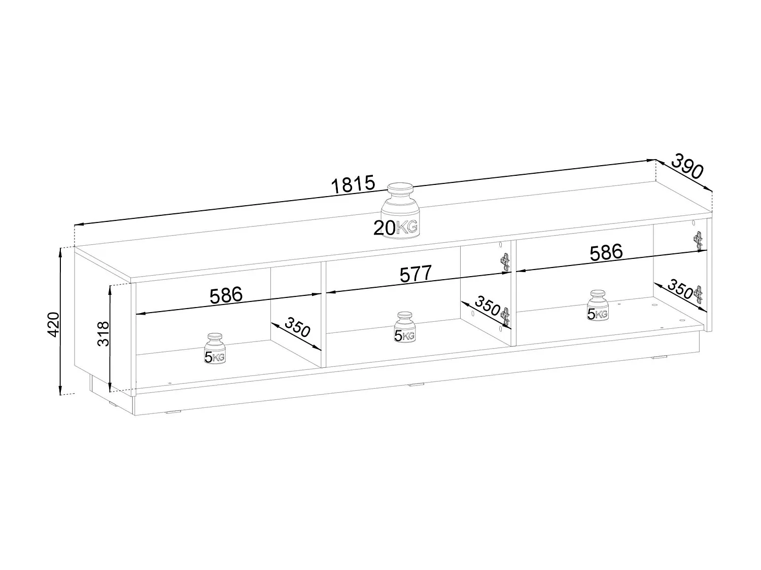 Meuble TV 3 deuren in hout gelaagd wit 180x42 cm