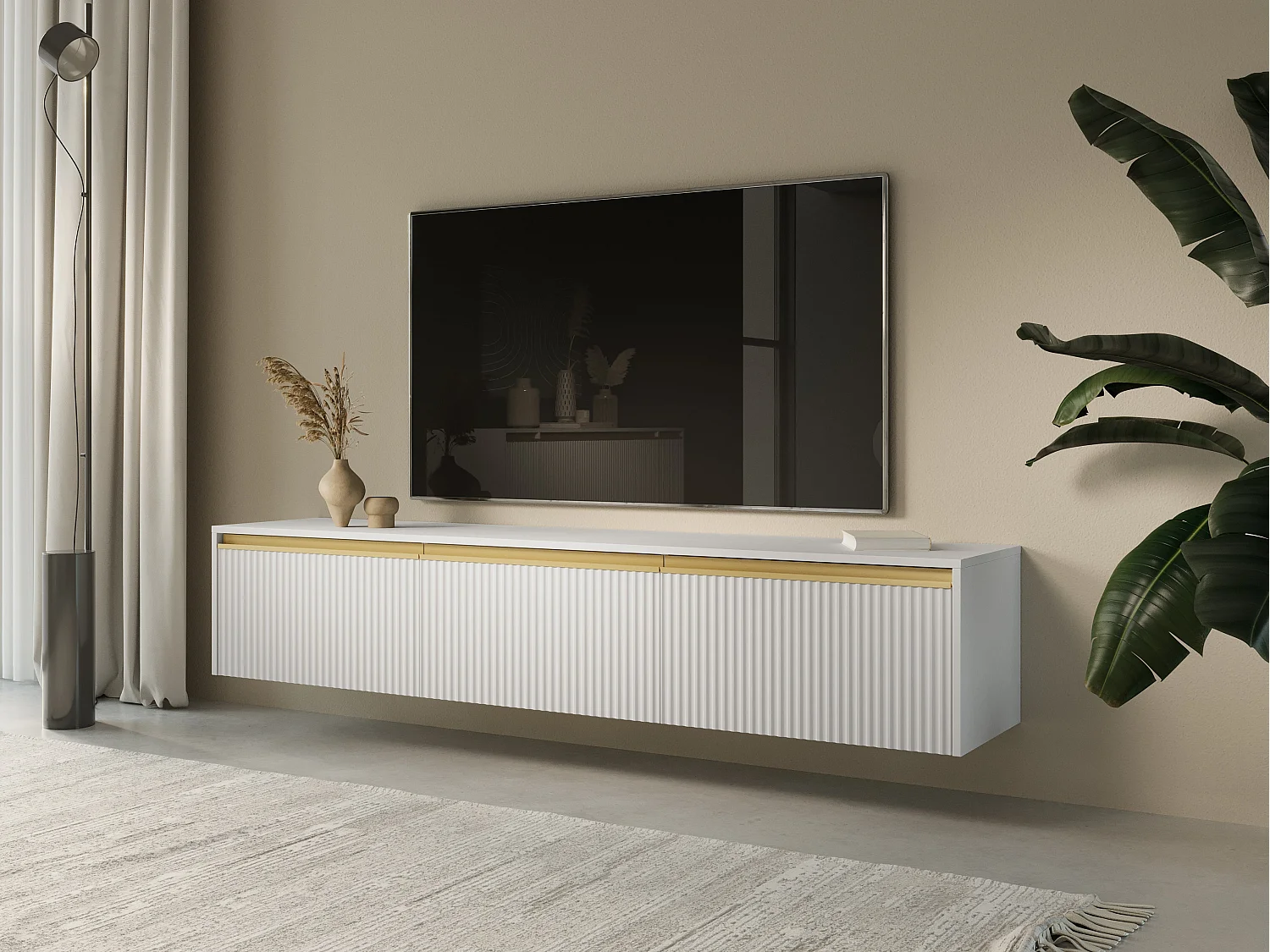 Meuble TV 3 portes en bois stratifié blanc 180x42 cm