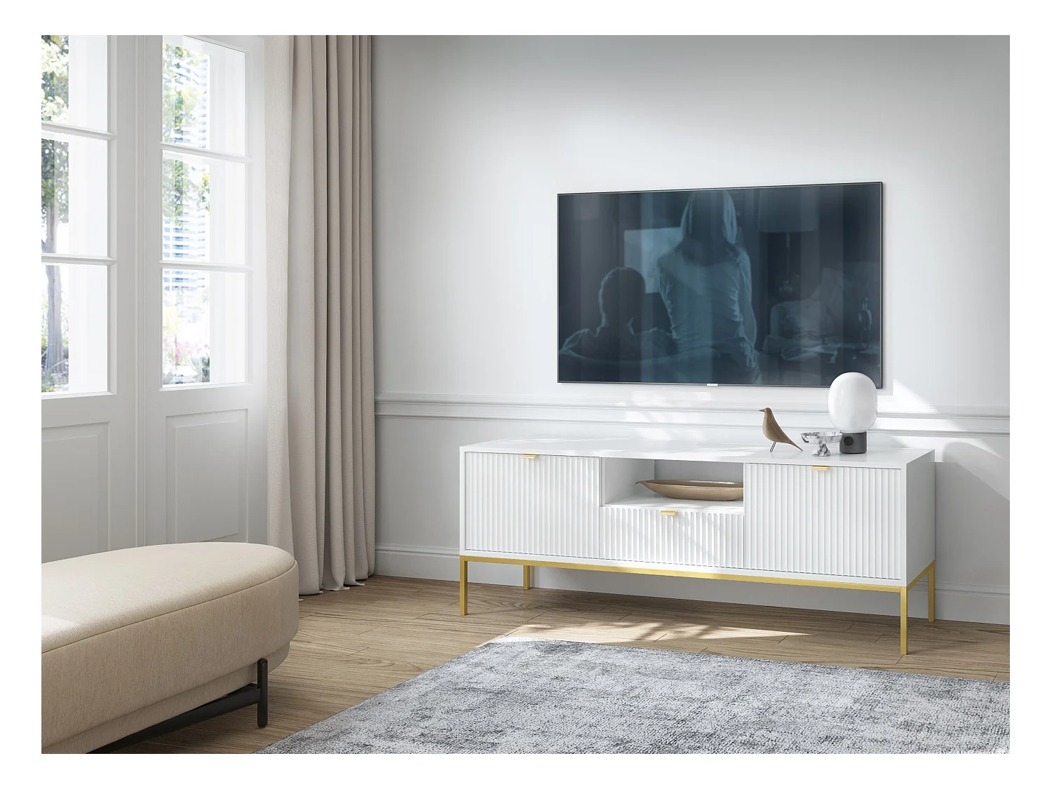 TV-Ständer mit 2 Türen und 1 Schublade, mit goldenen Metallfüßen, 154 x 56 cm