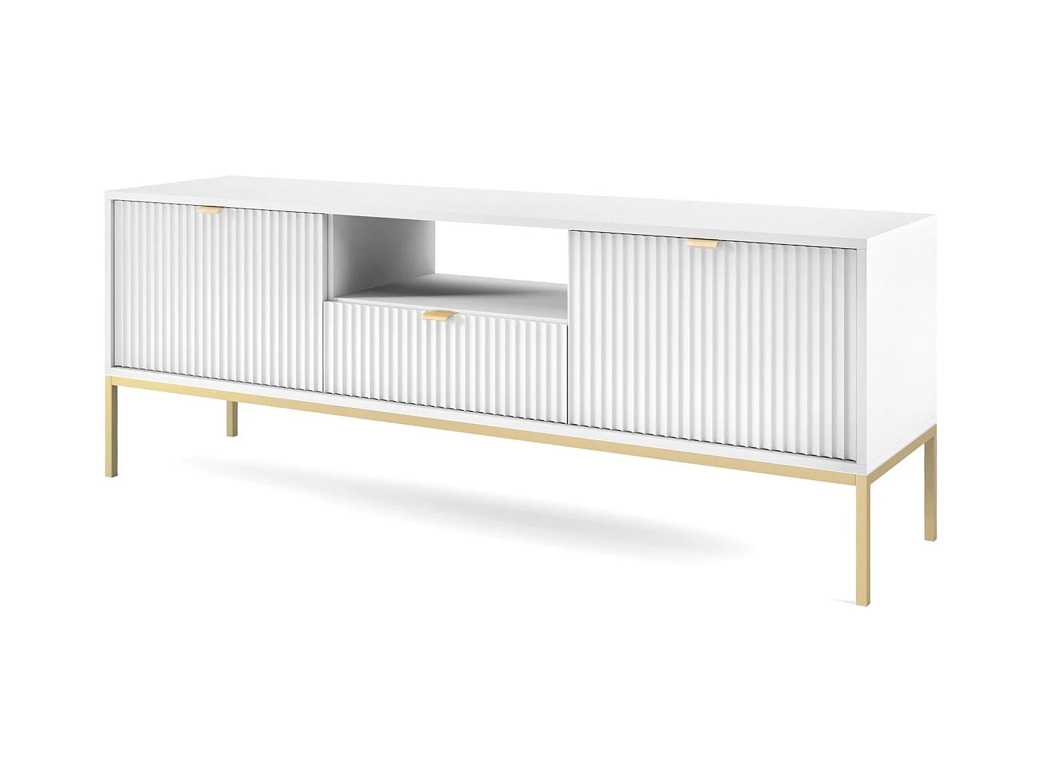 Meuble TV 2 portes, 1 tiroir avec pieds en métal doré, 154x56 cm