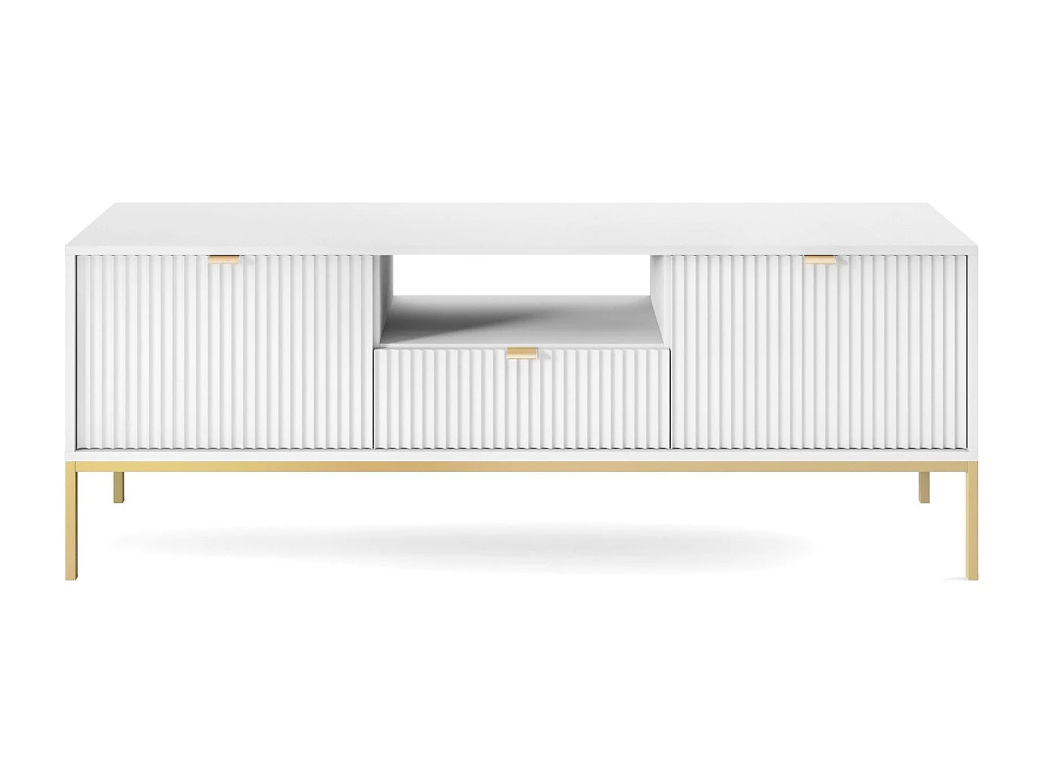 Meuble TV 2 portes, 1 tiroir avec pieds en métal doré, 154x56 cm