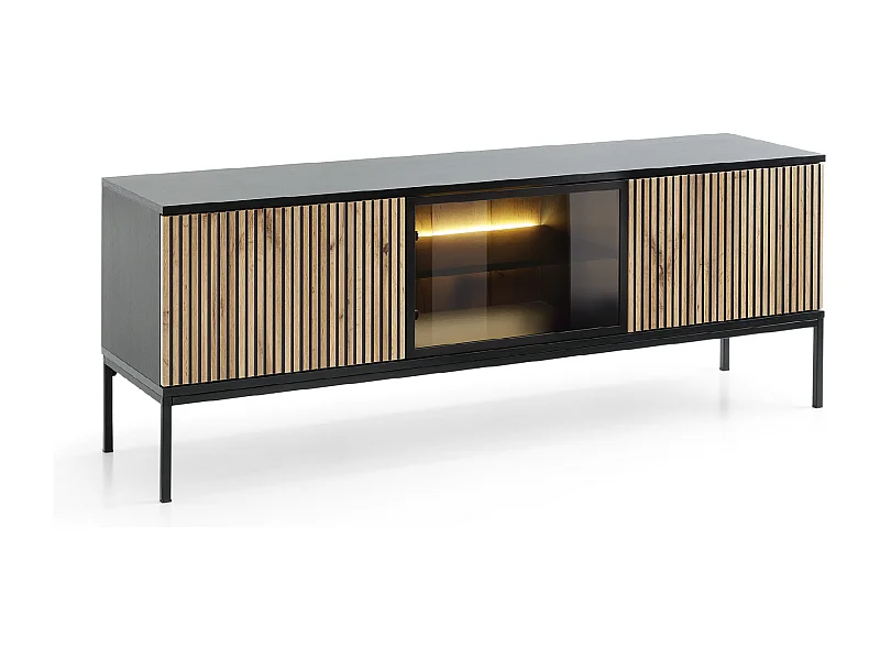 2-türiger TV-Schrank mit integrierter LED Schwarz und Eiche 154x56 cm