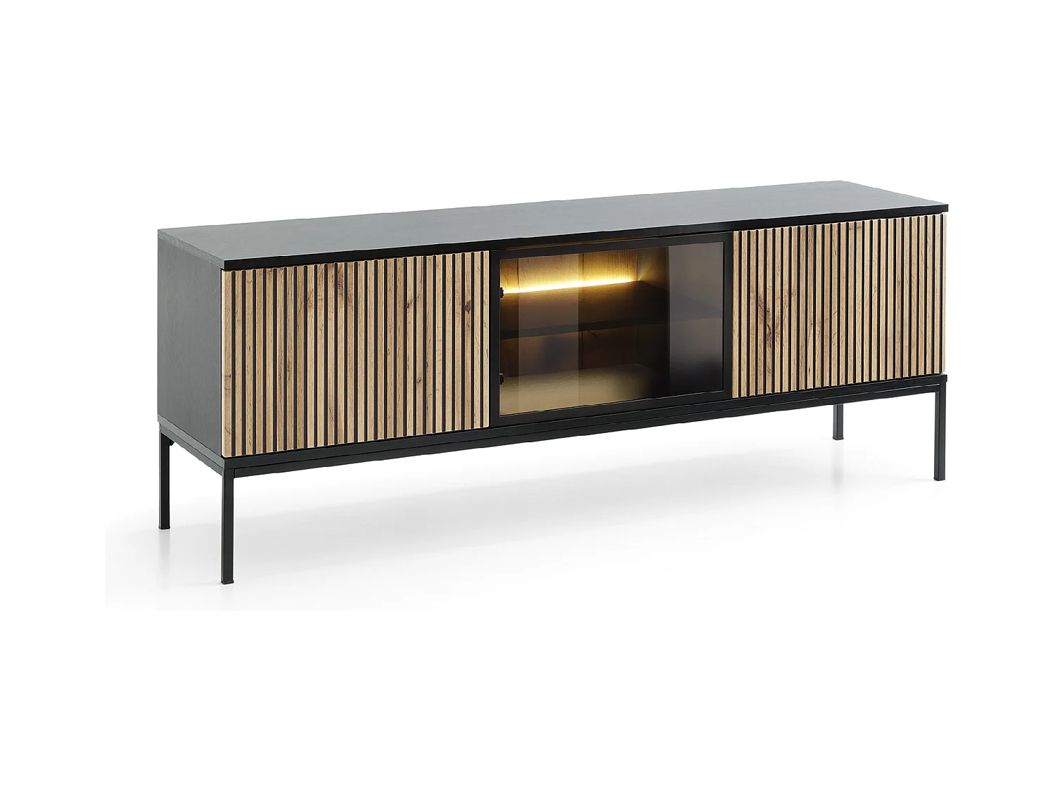 Meuble TV 2 portes avec LED intégrée Noir et Chêne 154x56 cm