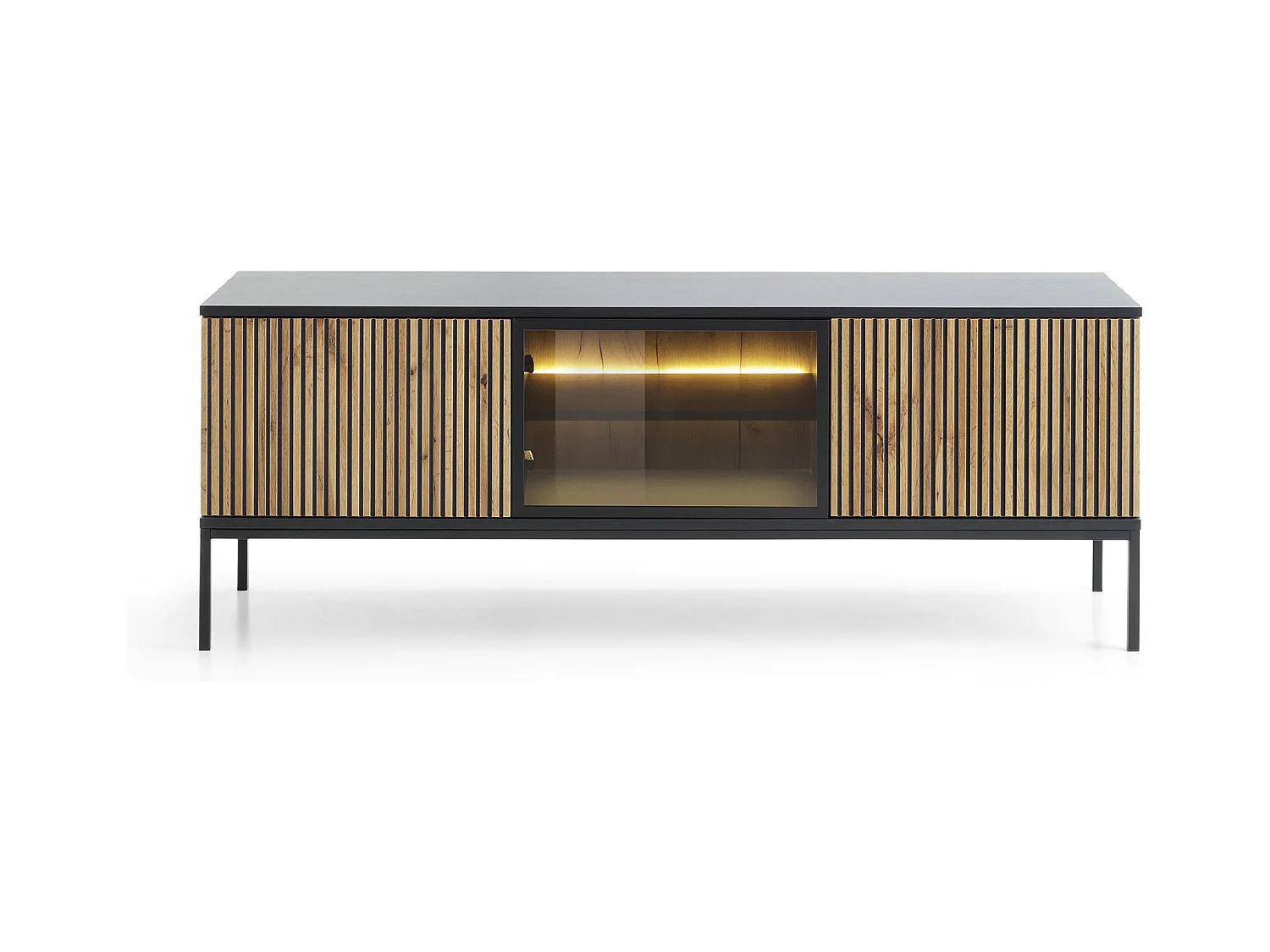 Meuble TV 2 portes avec LED intégrée Noir et Chêne 154x56 cm