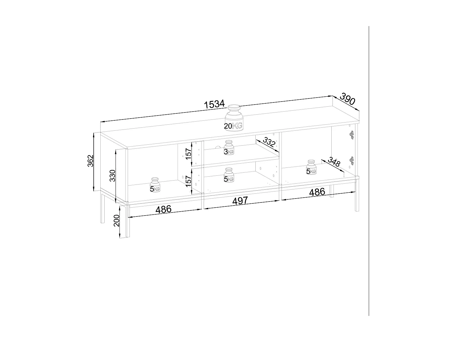 Meuble TV 2 portes avec LED intégrée Noir et Chêne 154x56 cm