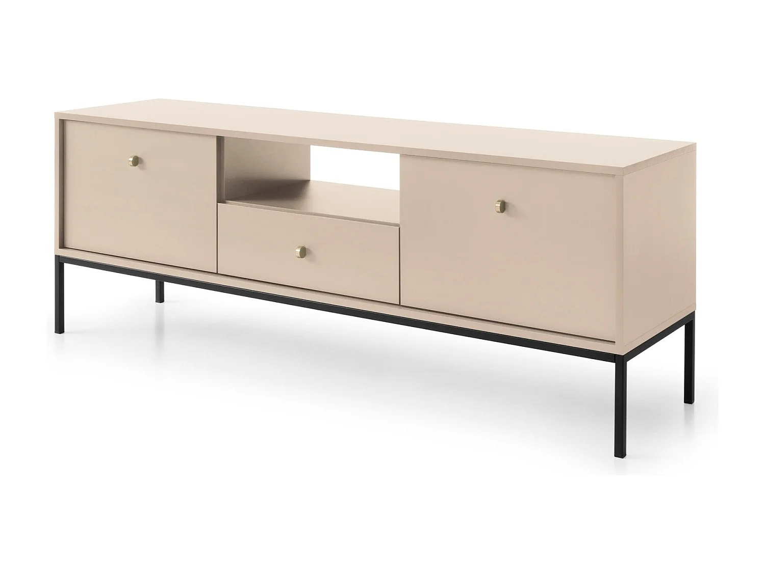 Meuble TV 2 portes, 1 tiroir avec pieds en métal noir, 154x56 cm