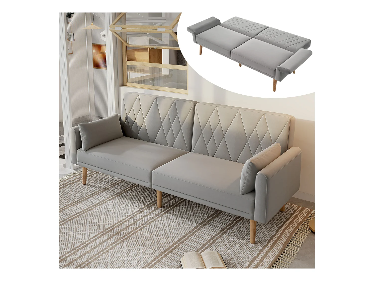 Canapé-lit deux places en velours, pliable et compact. Idéal comme lit d'appoint pour les petits espaces, salons, chambres ou home cinéma.