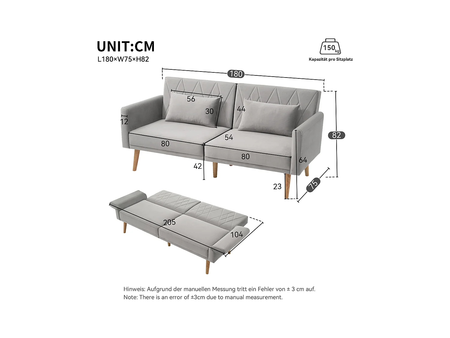 Zweisitzer-Schlafsofa aus Samt, klappbar & kompakt. Perfekt als Gästebett für kleine Räume, Wohnzimmer, Schlafzimmer oder Heimkino.