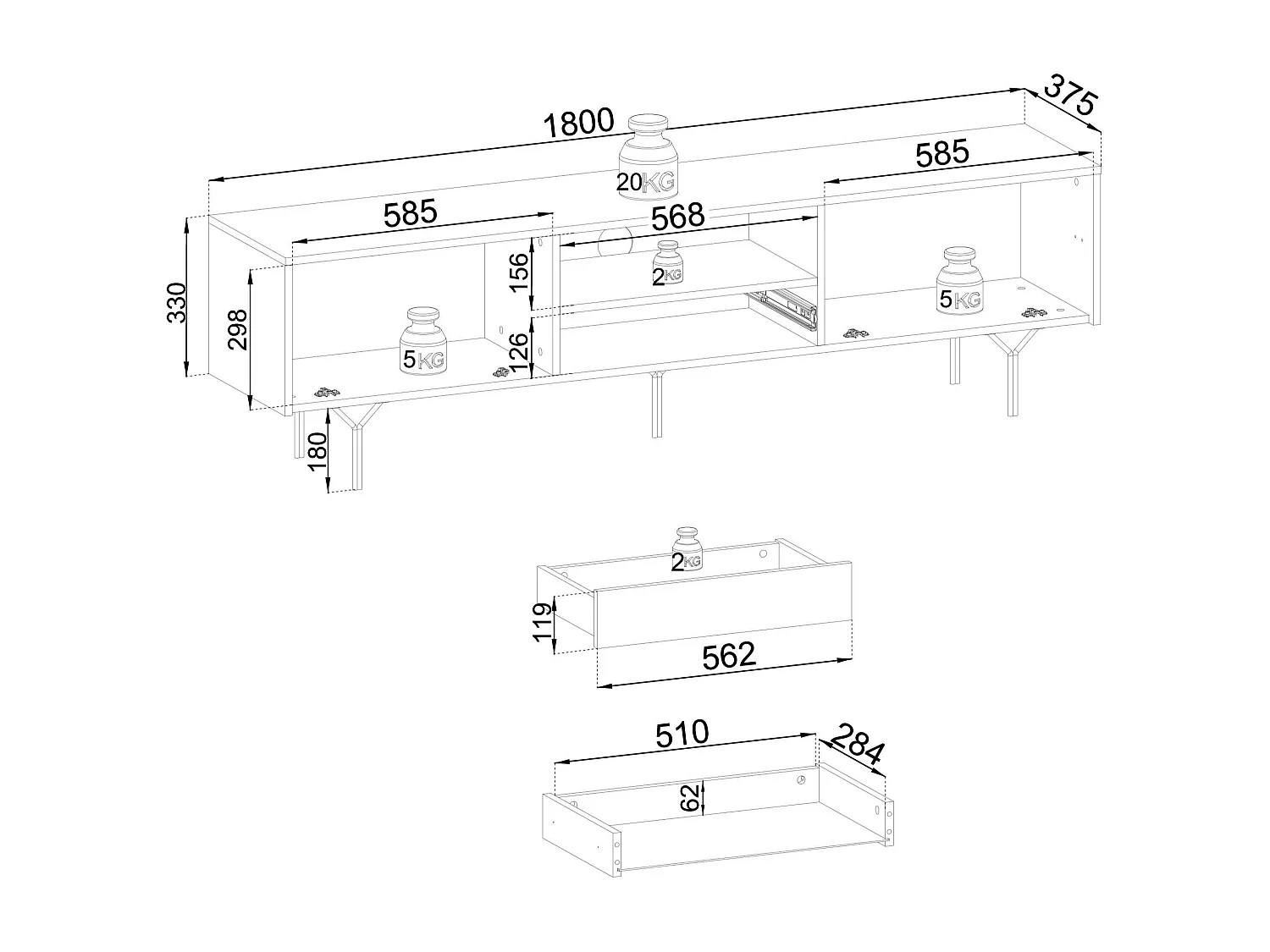 Mobile TV 2 Ante 1 cassetto in legno laminato 180x51 cm