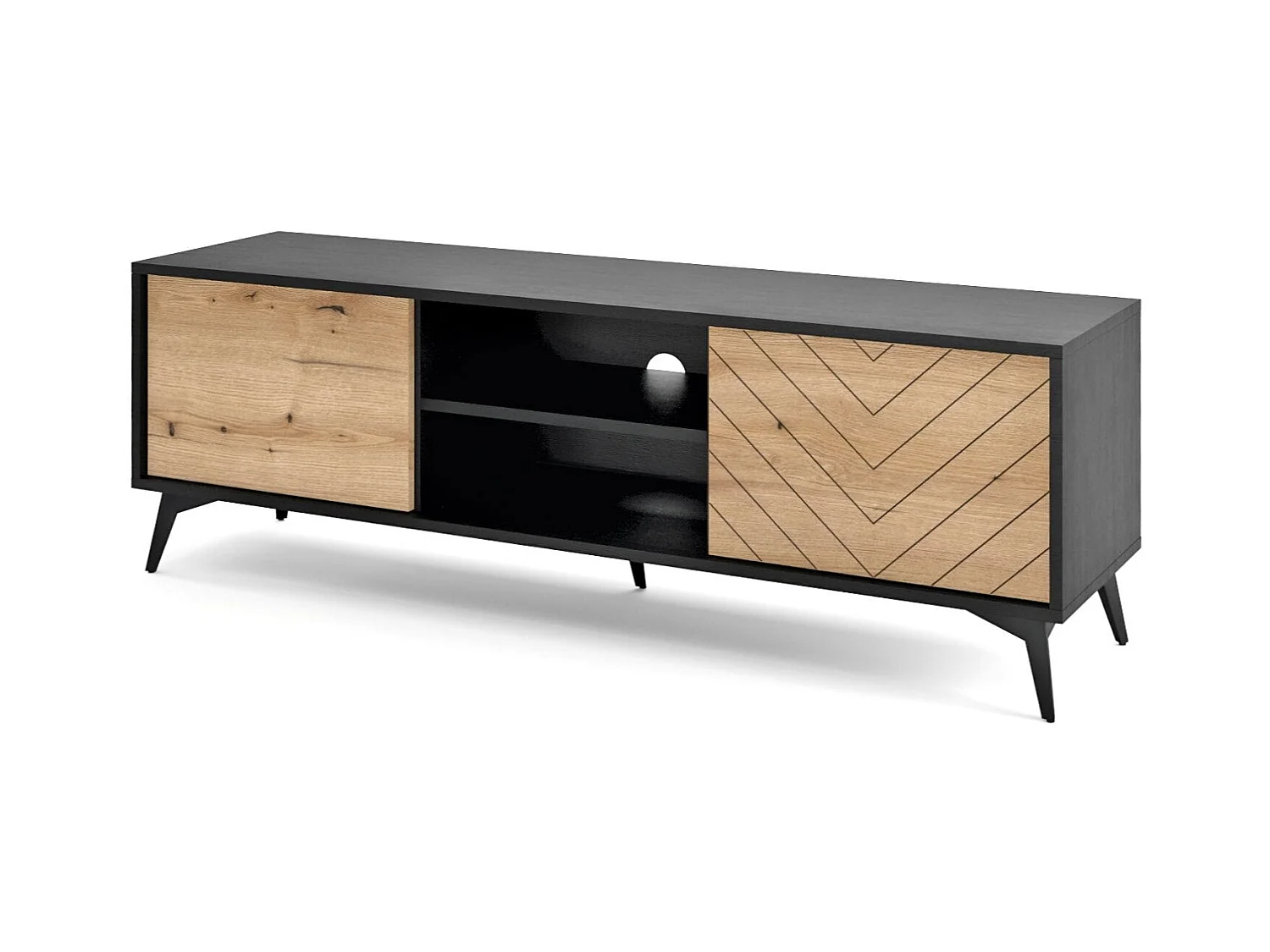 Meuble TV en bois lamellé 2 portes et 2 étagères, 154x50 cm