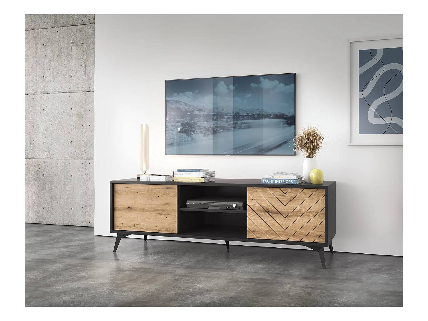 Meuble TV en bois lamellé 2 portes et 2 étagères, 154x50 cm