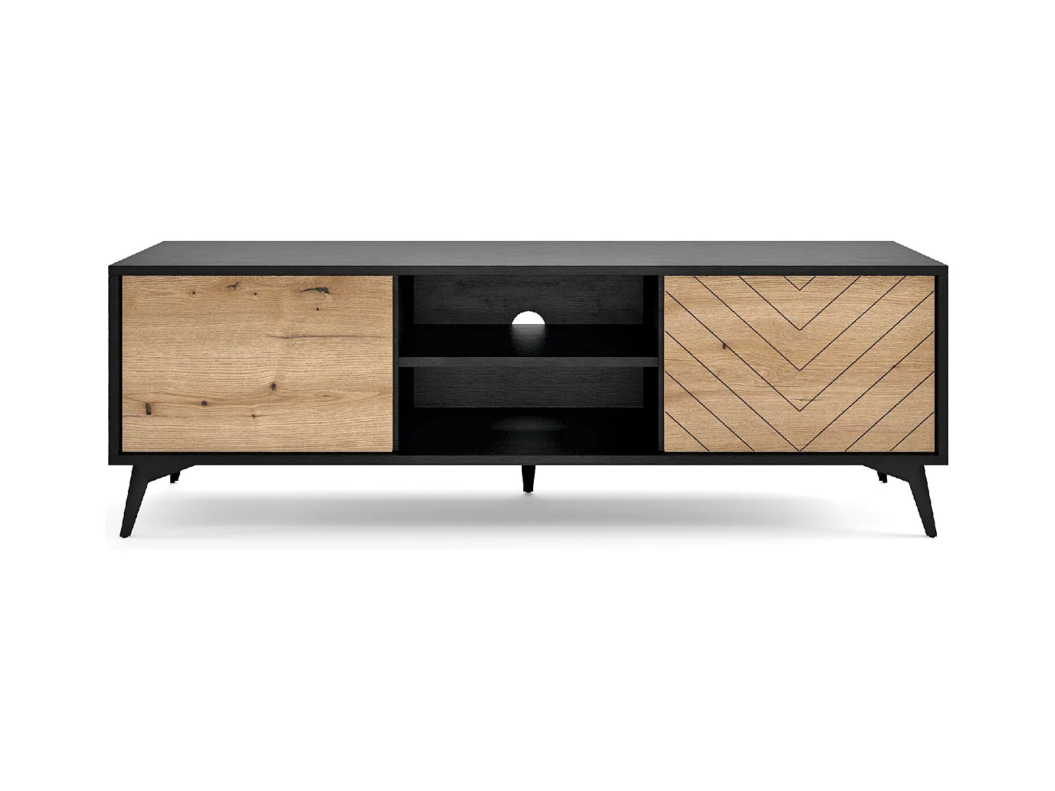 Meuble TV en bois lamellé 2 portes et 2 étagères, 154x50 cm