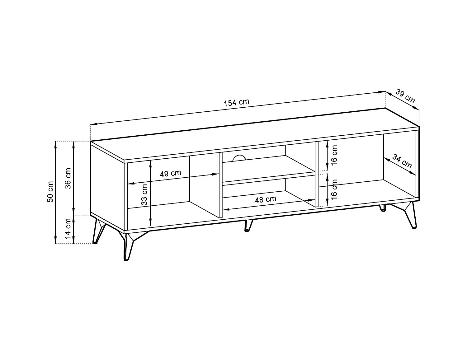 Meuble TV en bois lamellé 2 portes et 2 étagères, 154x50 cm