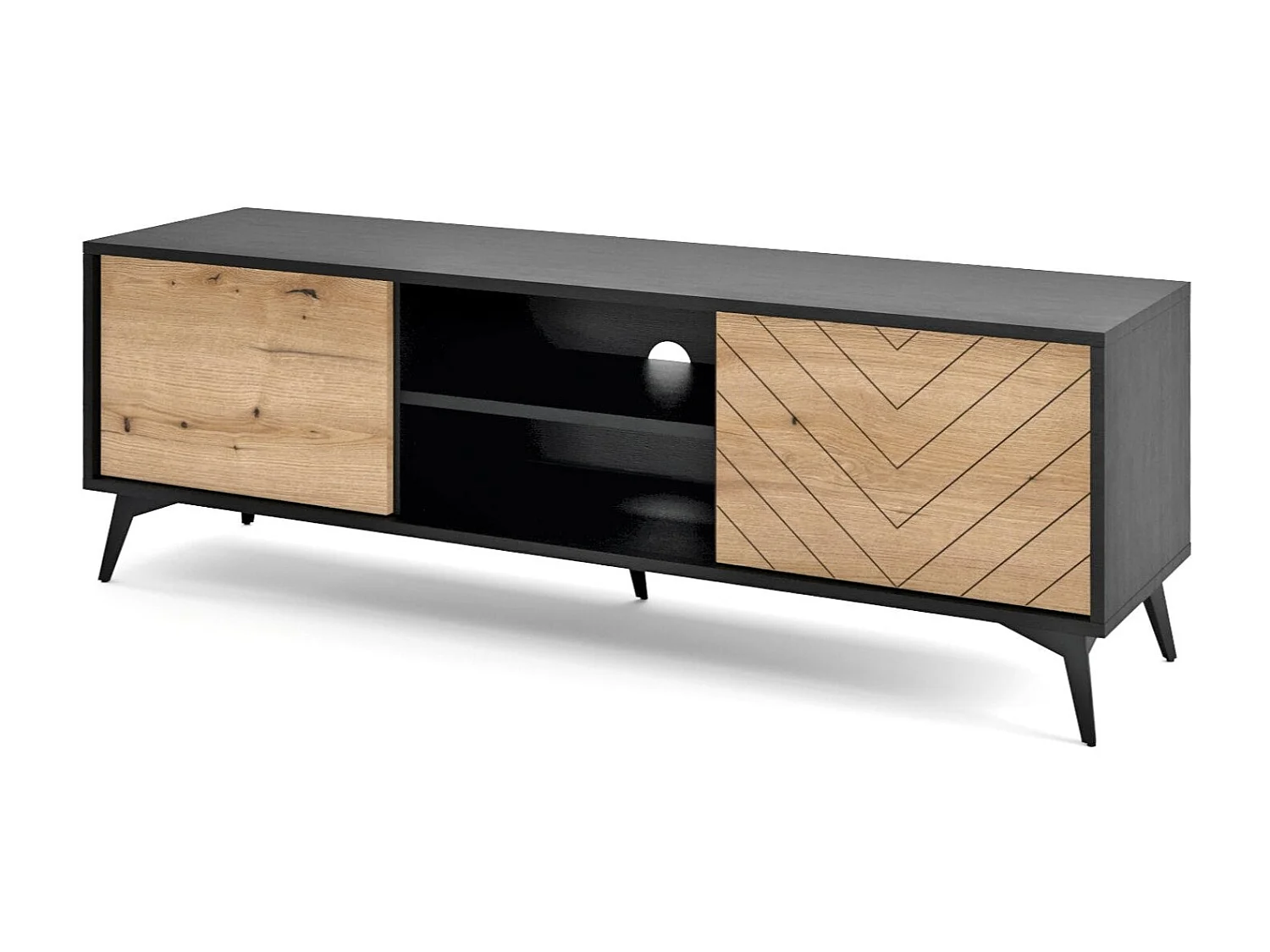 Meuble TV en bois lamellé 2 portes et 2 étagères, 154x50 cm