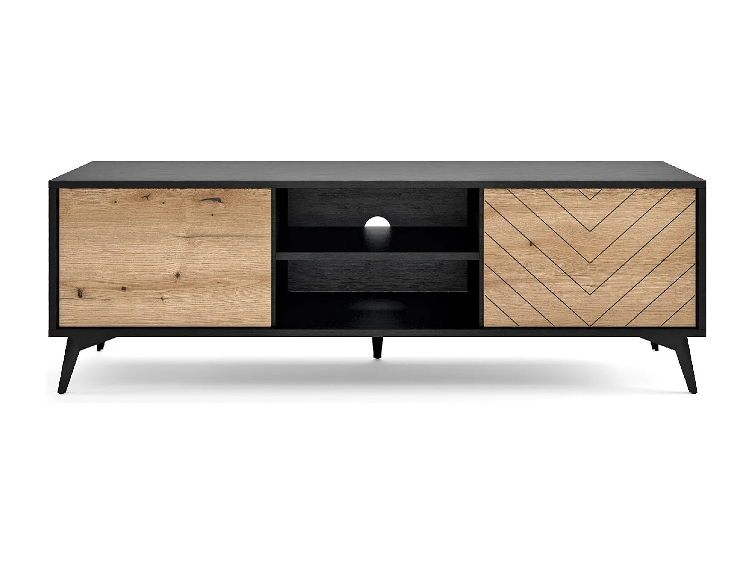 Meuble TV en bois lamellé 2 portes et 2 étagères, 154x50 cm