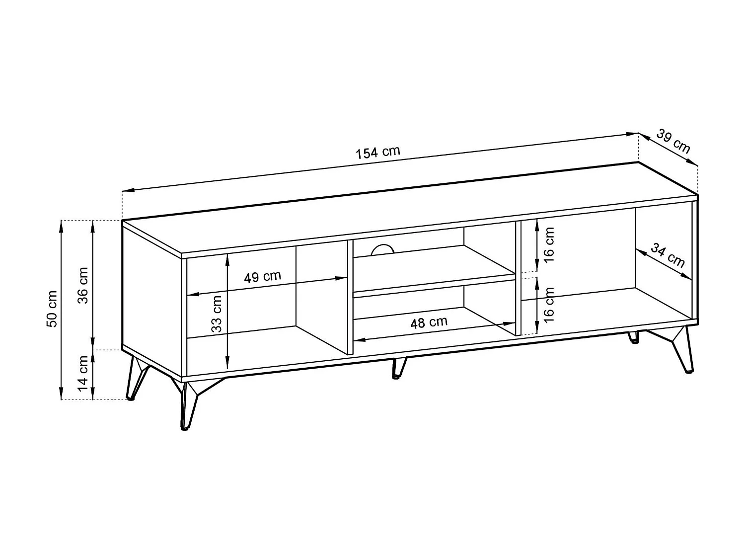 Meuble TV en bois lamellé 2 portes et 2 étagères, 154x50 cm